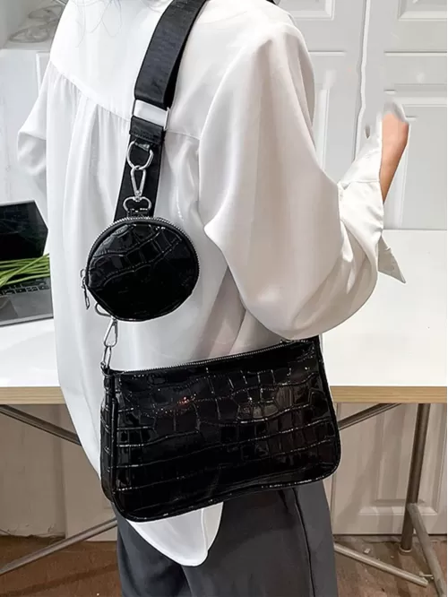 Crocodile Embossed Square Bag Black With Coin Purse